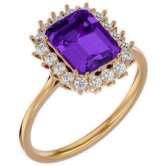 2 1/2 Carat Amethyst and Halo Diamond Ring In 14K Yellow Gold