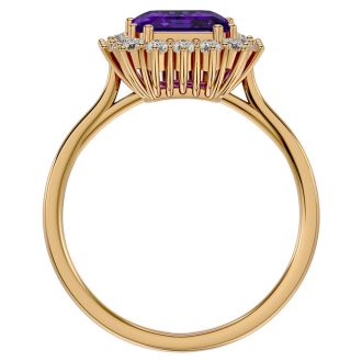 2 1/2 Carat Amethyst and Halo Diamond Ring In 14K Yellow Gold