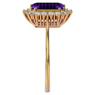 2 1/2 Carat Amethyst and Halo Diamond Ring In 14K Yellow Gold