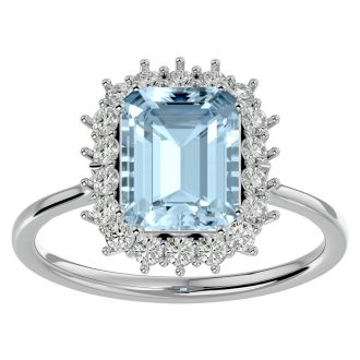 Aquamarine Ring: Aquamarine Jewelry: 2 1/2 Carat Aquamarine and Halo Diamond Ring In 14K White Gold
