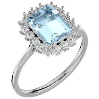 Aquamarine Ring: Aquamarine Jewelry: 2 1/2 Carat Aquamarine and Halo Diamond Ring In 14K White Gold