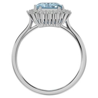 Aquamarine Ring: Aquamarine Jewelry: 2 1/2 Carat Aquamarine and Halo Diamond Ring In 14K White Gold