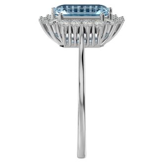 Aquamarine Ring: Aquamarine Jewelry: 2 1/2 Carat Aquamarine and Halo Diamond Ring In 14K White Gold