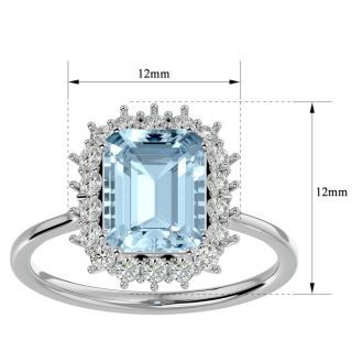 Aquamarine Ring: Aquamarine Jewelry: 2 1/2 Carat Aquamarine and Halo Diamond Ring In 14K White Gold