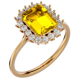 2 1/3 Carat Citrine and Halo Diamond Ring In 14K Yellow Gold