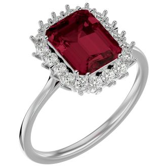 Garnet Ring: Garnet Jewelry: 3 Carat Garnet and Halo Diamond Ring In 14K White Gold