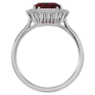 Garnet Ring: Garnet Jewelry: 3 Carat Garnet and Halo Diamond Ring In 14K White Gold
