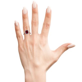 Garnet Ring: Garnet Jewelry: 3 Carat Garnet and Halo Diamond Ring In 14K White Gold