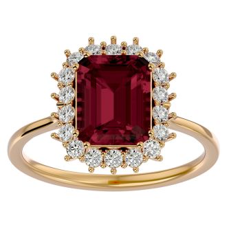 Garnet Ring: Garnet Jewelry: 3 Carat Garnet and Halo Diamond Ring In 14K Yellow Gold