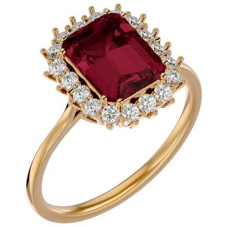 Garnet Ring: Garnet Jewelry: 3 Carat Garnet and Halo Diamond Ring In 14K Yellow Gold