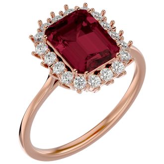 Garnet Ring: Garnet Jewelry: 3 Carat Garnet and Halo Diamond Ring In 14K Rose Gold