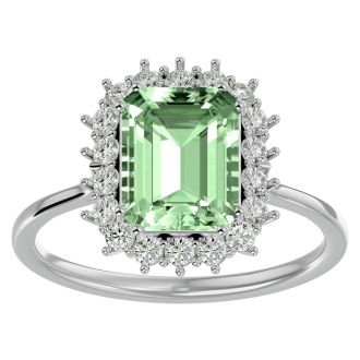 2 1/3 Carat Green Amethyst and Halo Diamond Ring In 14K White Gold