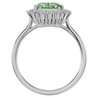 2 1/3 Carat Green Amethyst and Halo Diamond Ring In 14K White Gold