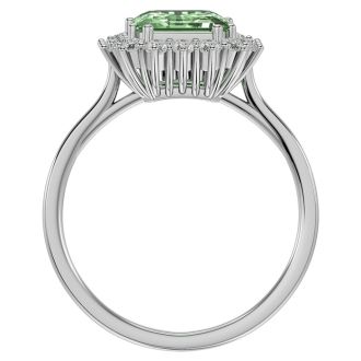 2 1/3 Carat Green Amethyst and Halo Diamond Ring In 14K White Gold