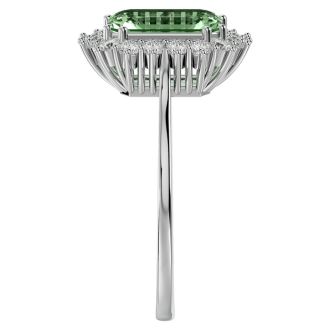 2 1/3 Carat Green Amethyst and Halo Diamond Ring In 14K White Gold