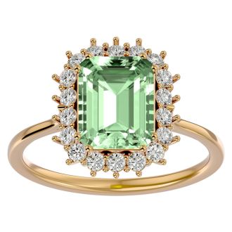 2 1/3 Carat Green Amethyst and Halo Diamond Ring In 14K Yellow Gold