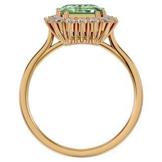 2 1/3 Carat Green Amethyst and Halo Diamond Ring In 14K Yellow Gold