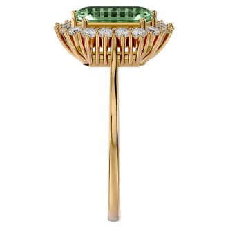 2 1/3 Carat Green Amethyst and Halo Diamond Ring In 14K Yellow Gold