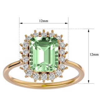 2 1/3 Carat Green Amethyst and Halo Diamond Ring In 14K Yellow Gold