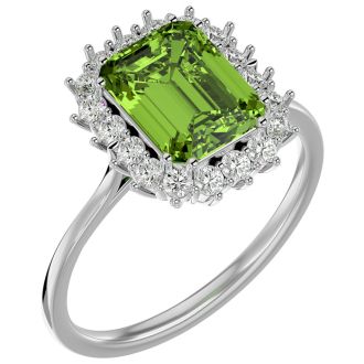 2 3/4 Carat Peridot and Halo Diamond Ring In 14K White Gold