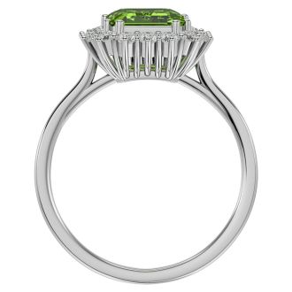 2 3/4 Carat Peridot and Halo Diamond Ring In 14K White Gold