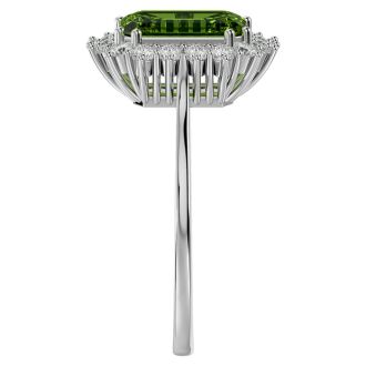 2 3/4 Carat Peridot and Halo Diamond Ring In 14K White Gold