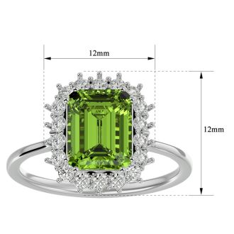 2 3/4 Carat Peridot and Halo Diamond Ring In 14K White Gold