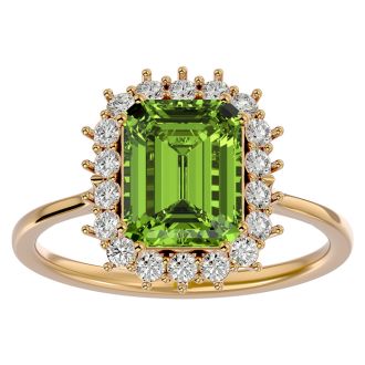 2 3/4 Carat Peridot and Halo Diamond Ring In 14K Yellow Gold