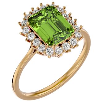 2 3/4 Carat Peridot and Halo Diamond Ring In 14K Yellow Gold