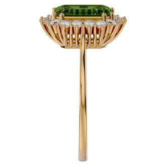 2 3/4 Carat Peridot and Halo Diamond Ring In 14K Yellow Gold