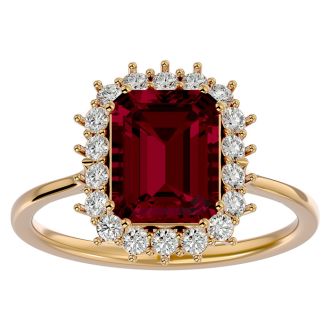 3 1/5 Carat Ruby and Halo Diamond Ring In 14K Yellow Gold