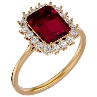 3 1/5 Carat Ruby and Halo Diamond Ring In 14K Yellow Gold