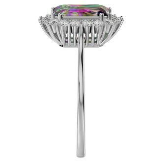 2-1/3 Carat Octagon Shape Mystic Topaz Ring With Diamond Halo In 14 Karat White Gold