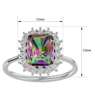 2-1/3 Carat Octagon Shape Mystic Topaz Ring With Diamond Halo In 14 Karat White Gold