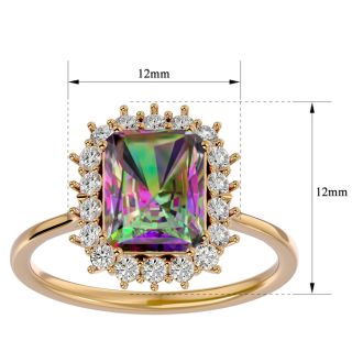 2-1/3 Carat Octagon Shape Mystic Topaz Ring With Diamond Halo In 14 Karat Yellow Gold
