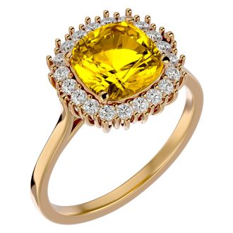 2 1/2 Carat Cushion Cut Citrine and Halo Diamond Ring In 14K Yellow Gold