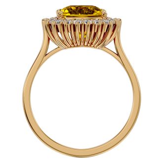 2 1/2 Carat Cushion Cut Citrine and Halo Diamond Ring In 14K Yellow Gold