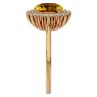 2 1/2 Carat Cushion Cut Citrine and Halo Diamond Ring In 14K Yellow Gold