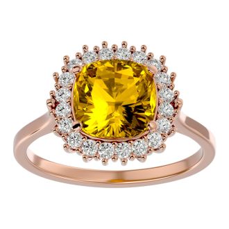 2 1/2 Carat Cushion Cut Citrine and Halo Diamond Ring In 14K Rose Gold