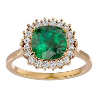2 1/2 Carat Cushion Cut Emerald and Halo Diamond Ring In 14K Yellow Gold