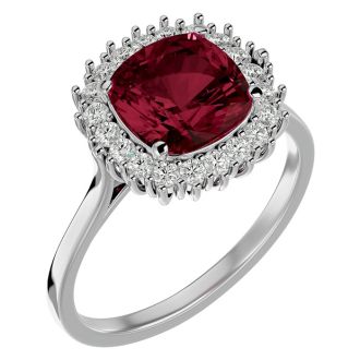 Garnet Ring: Garnet Jewelry: 3 1/2 Carat Cushion Cut Garnet and Halo Diamond Ring In 14K White Gold