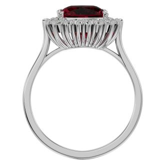 Garnet Ring: Garnet Jewelry: 3 1/2 Carat Cushion Cut Garnet and Halo Diamond Ring In 14K White Gold