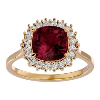 Garnet Ring: Garnet Jewelry: 3 1/2 Carat Cushion Cut Garnet and Halo Diamond Ring In 14K Yellow Gold