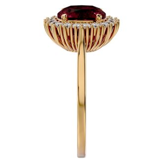 Garnet Ring: Garnet Jewelry: 3 1/2 Carat Cushion Cut Garnet and Halo Diamond Ring In 14K Yellow Gold