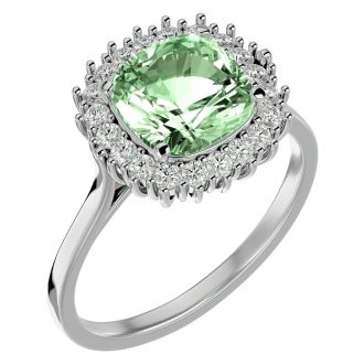 2 1/2 Carat Cushion Cut Green Amethyst and Halo Diamond Ring In 14K White Gold