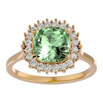 2 1/2 Carat Cushion Cut Green Amethyst and Halo Diamond Ring In 14K Yellow Gold