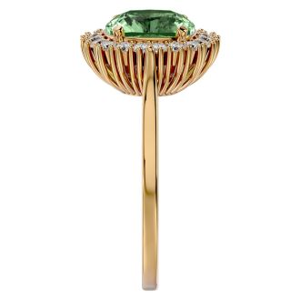 2 1/2 Carat Cushion Cut Green Amethyst and Halo Diamond Ring In 14K Yellow Gold