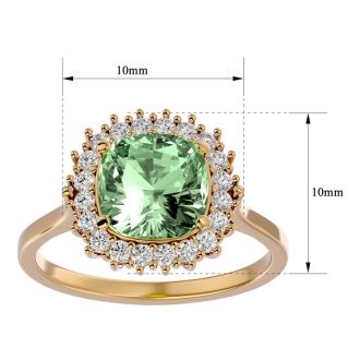 2 1/2 Carat Cushion Cut Green Amethyst and Halo Diamond Ring In 14K Yellow Gold