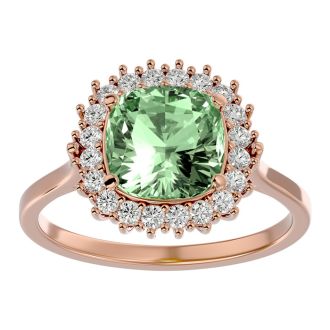 2 1/2 Carat Cushion Cut Green Amethyst and Halo Diamond Ring In 14K Rose Gold