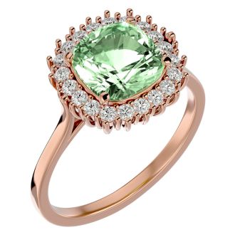 2 1/2 Carat Cushion Cut Green Amethyst and Halo Diamond Ring In 14K Rose Gold